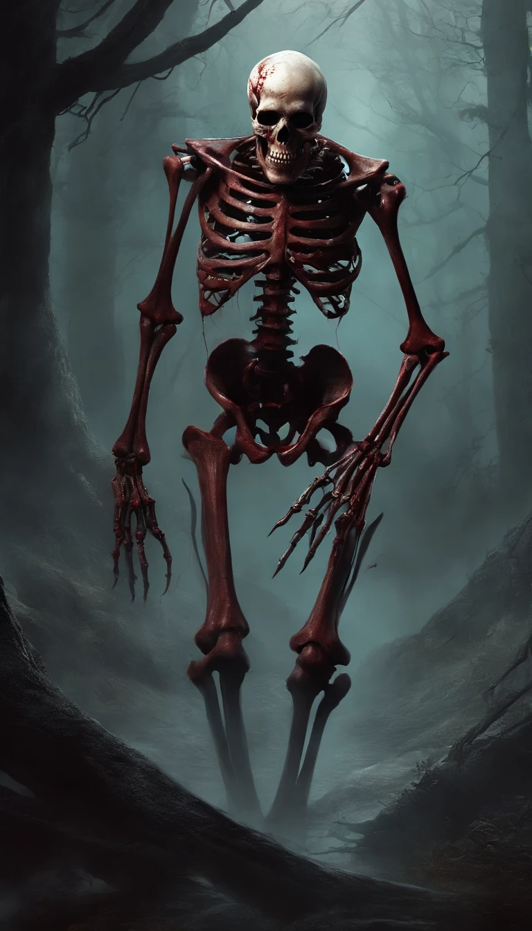 Draw a demon skeleton with a strong bloody face and bloody head, Science fiction horror art, sci-fi horror artwork, inspired by Aleksi Briclot, Fangs of the slaughter, horror fantasy art, Alexis Bricklot(Alexis Bricklot), horror concept art, veneno, Fantasy and horror art, Detailed illustration of 4K horror, Demon skeleton, dark fantasy horror art