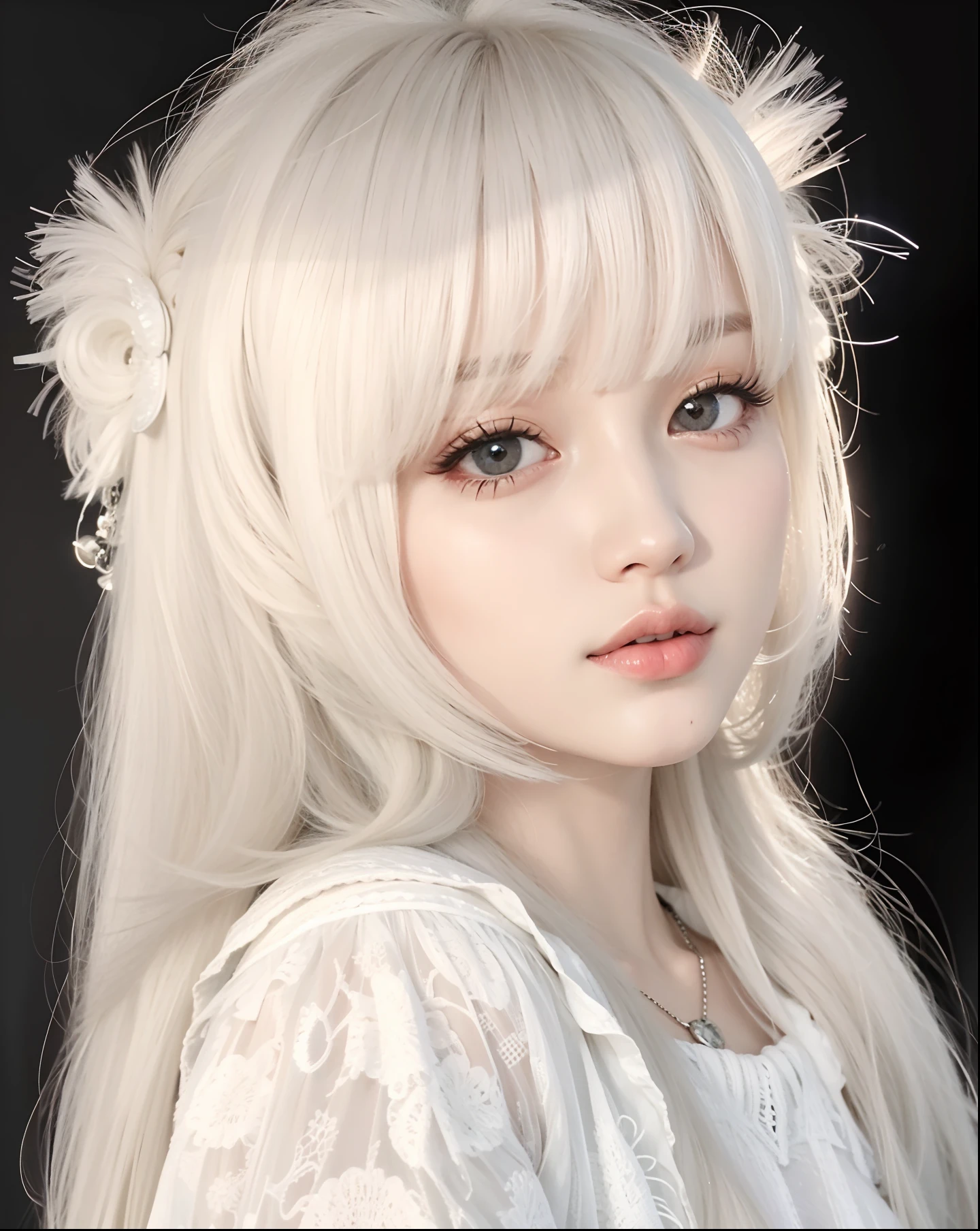 um close up de uma mulher com longos cabelos brancos e um vestido branco, franja branca, longos cabelos brancos e franja, branco hime corte penteado, com cabelos longos brancos, cabelos brancos e fringy, com longos cabelos brancos, franja fofa, com cabelo branco, her hair is white, cabelo whitebangs cabelo, cabelos brancos rosto bonito, Lalisa Manobal