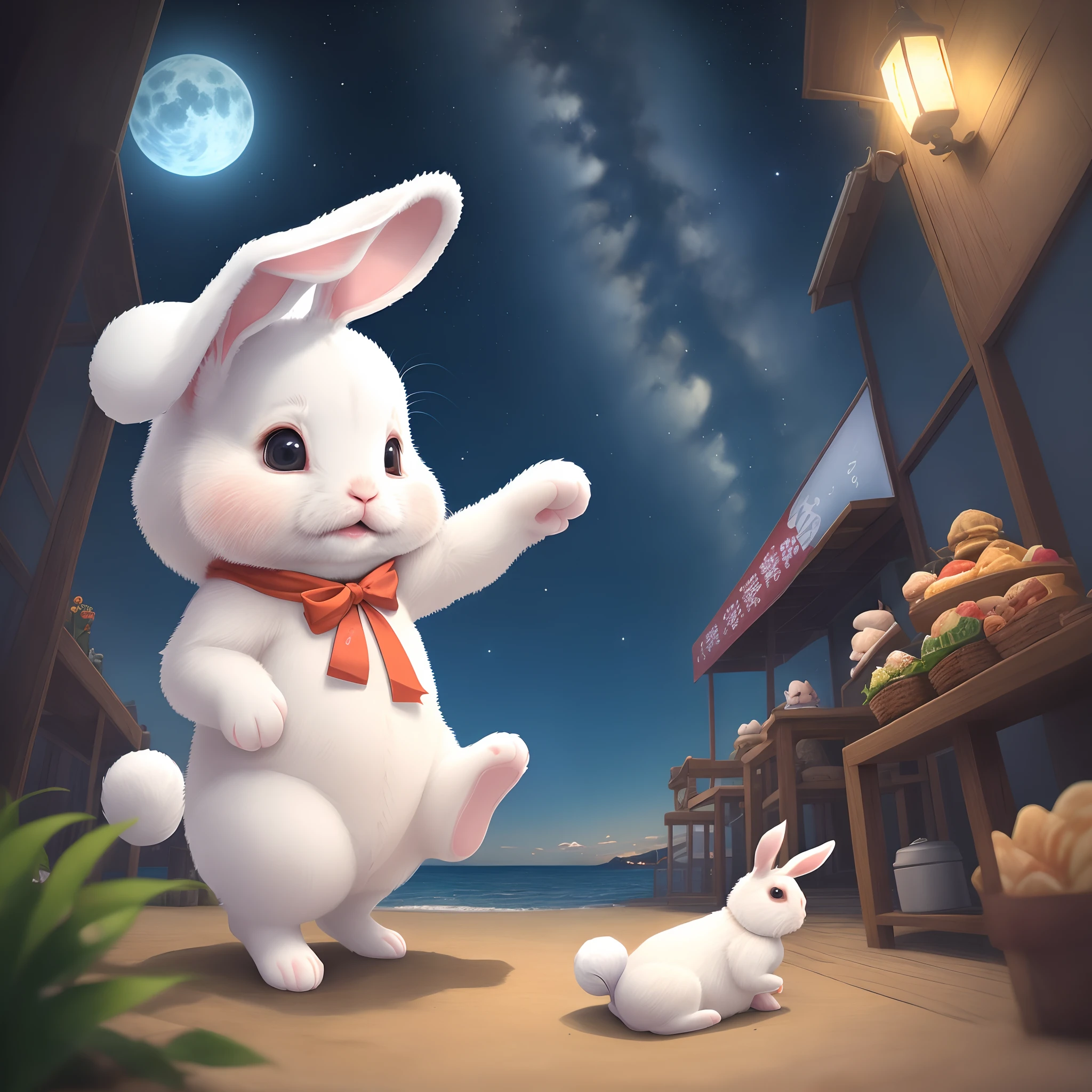 A little rabbit that has been white,Fly Kong Mingdeli under the deep blue night sky
