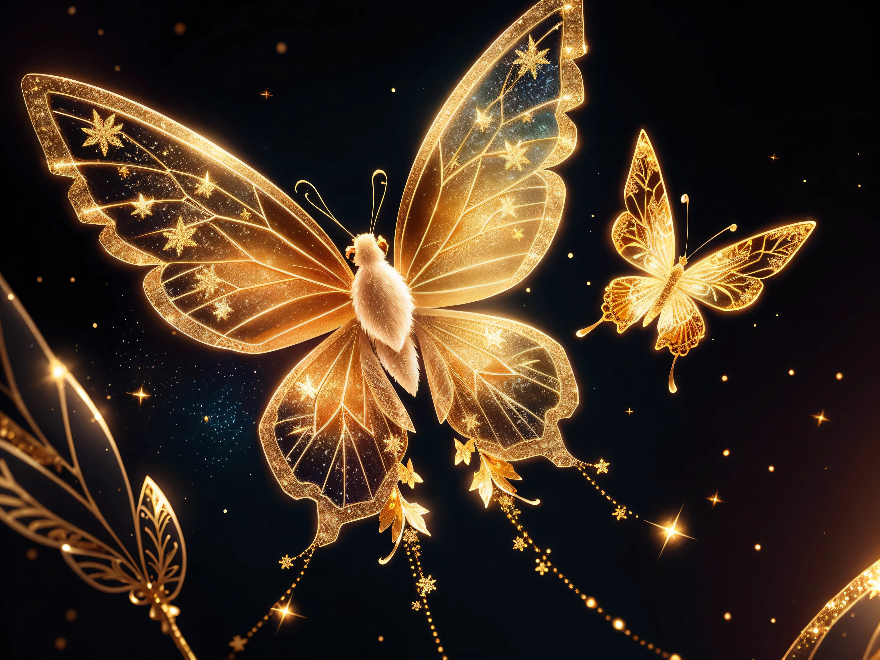 (Best quality:1.2), beautifully detailed chibi butterfly, ethereal, snowflakes, glitter, gold glimmer, Shimmer, bokeh, dynamic angle, bioluminescent lighting, volumetric lighting, 8k resolution, illustration, BarbieCore