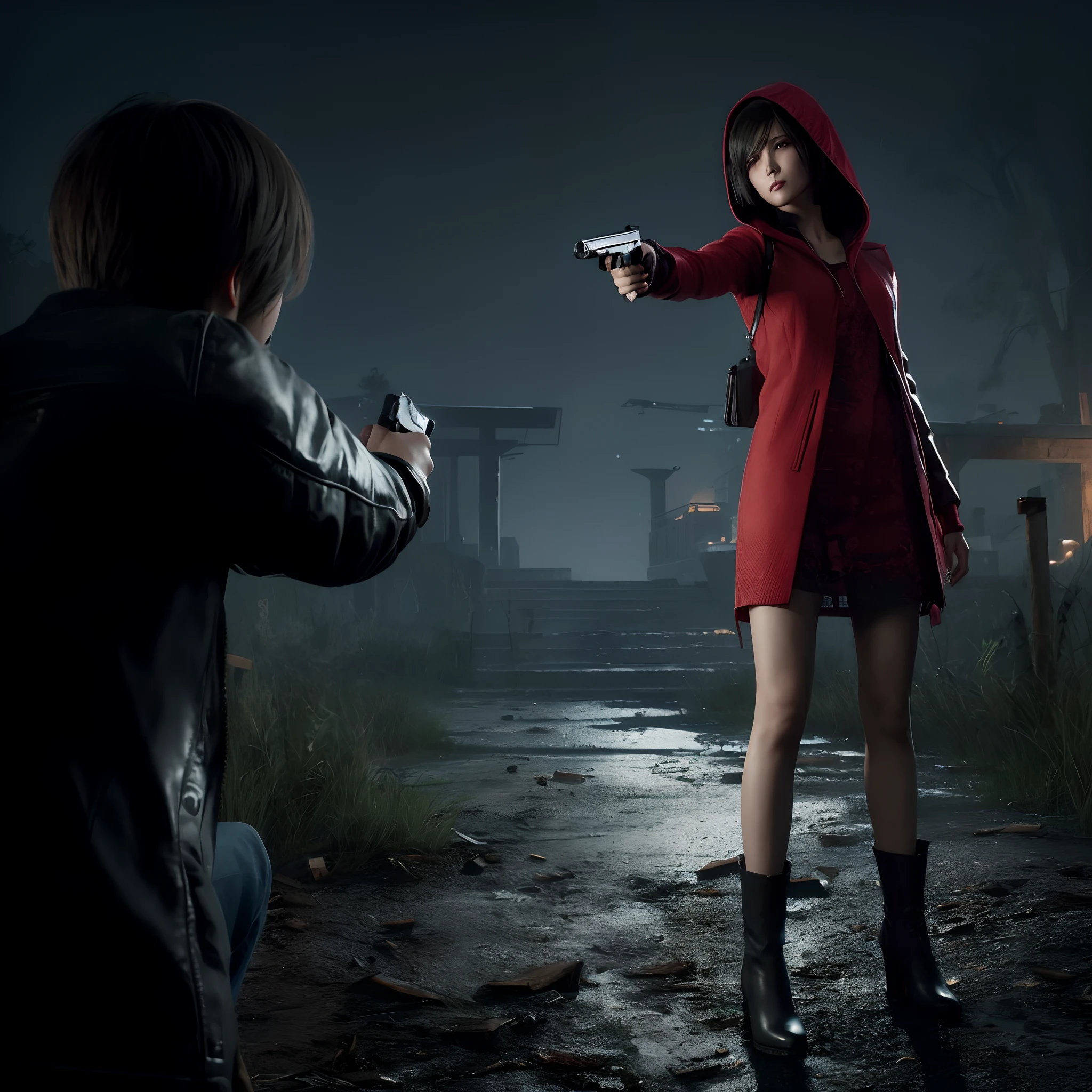 4K, HD, ((ada wong 40 years old)), beautiful face, glare, bob hair, perfect Face, black jeans, red short coat, black nail polish, wearing hoody, long boots