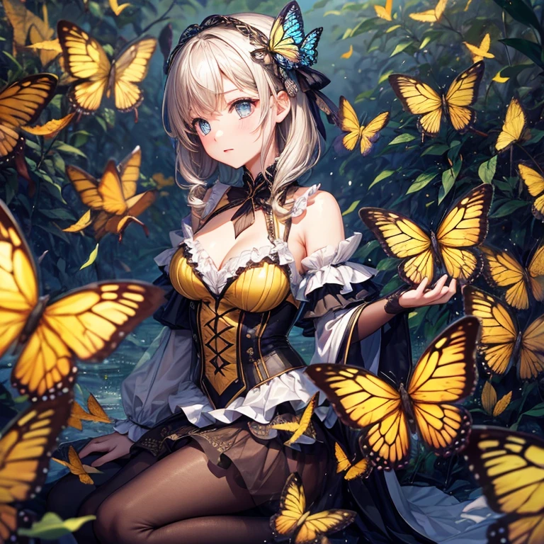[a swarm of butterflies : multiple layers, 1girl, profile melting into sky, double exposure : 15]