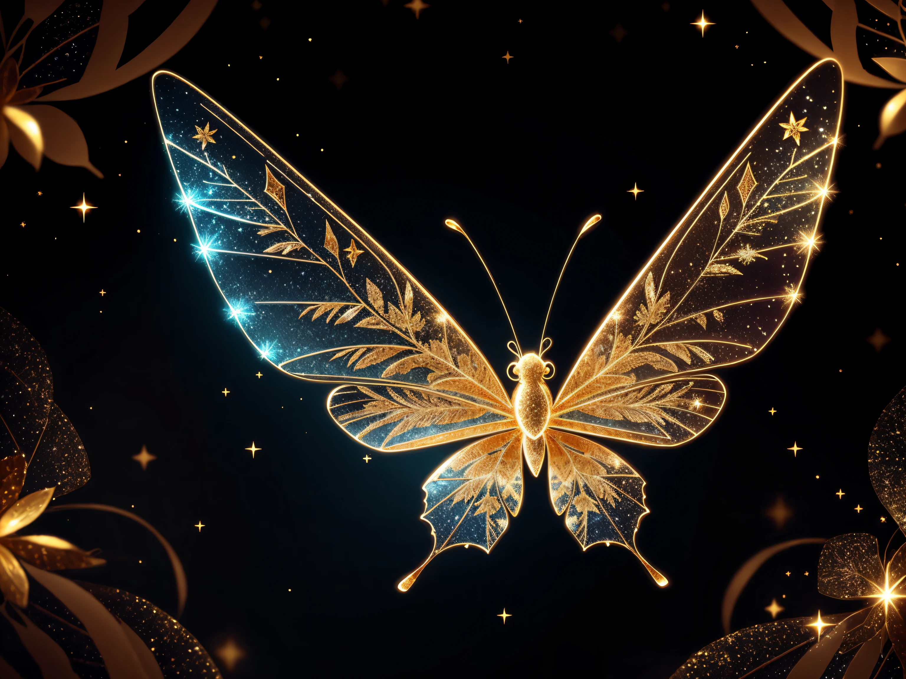 (Best quality:1.2), beautifully detailed chibi butterfly, ethereal, snowflakes, glitter, gold glimmer, Shimmer, bokeh, dynamic angle, bioluminescent lighting, volumetric lighting, 8k resolution, illustration, BarbieCore