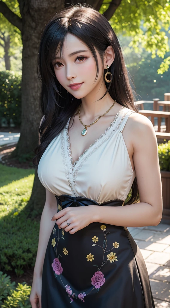 Tifa Lockhart,wearing a yellow dress with black lace,beautiful detailed eyes,beautiful detailed lips,extremely detailed eyes and face,longeyelashes,ultra-detailed,realistic:1.37,highres,vivid colors,portraits,wavy hair,soft gentle expression,smiling gently,happy and confident,hint of a blush on her cheeks,stunning,studio lighting,bokeh,patterned dress,fine lace details,contrast of black and yellow,delicate fabric folds,flowing skirt,sparkling jewelry,necklace and earrings,dainty floral pattern on dress,standing in a blooming garden,under the warm sunlight,serene atmosphere,lush greenery,colorful flowers in the background,beautifully arranged flower beds,tall trees providing shade,tranquil natural surrounding,graceful posture