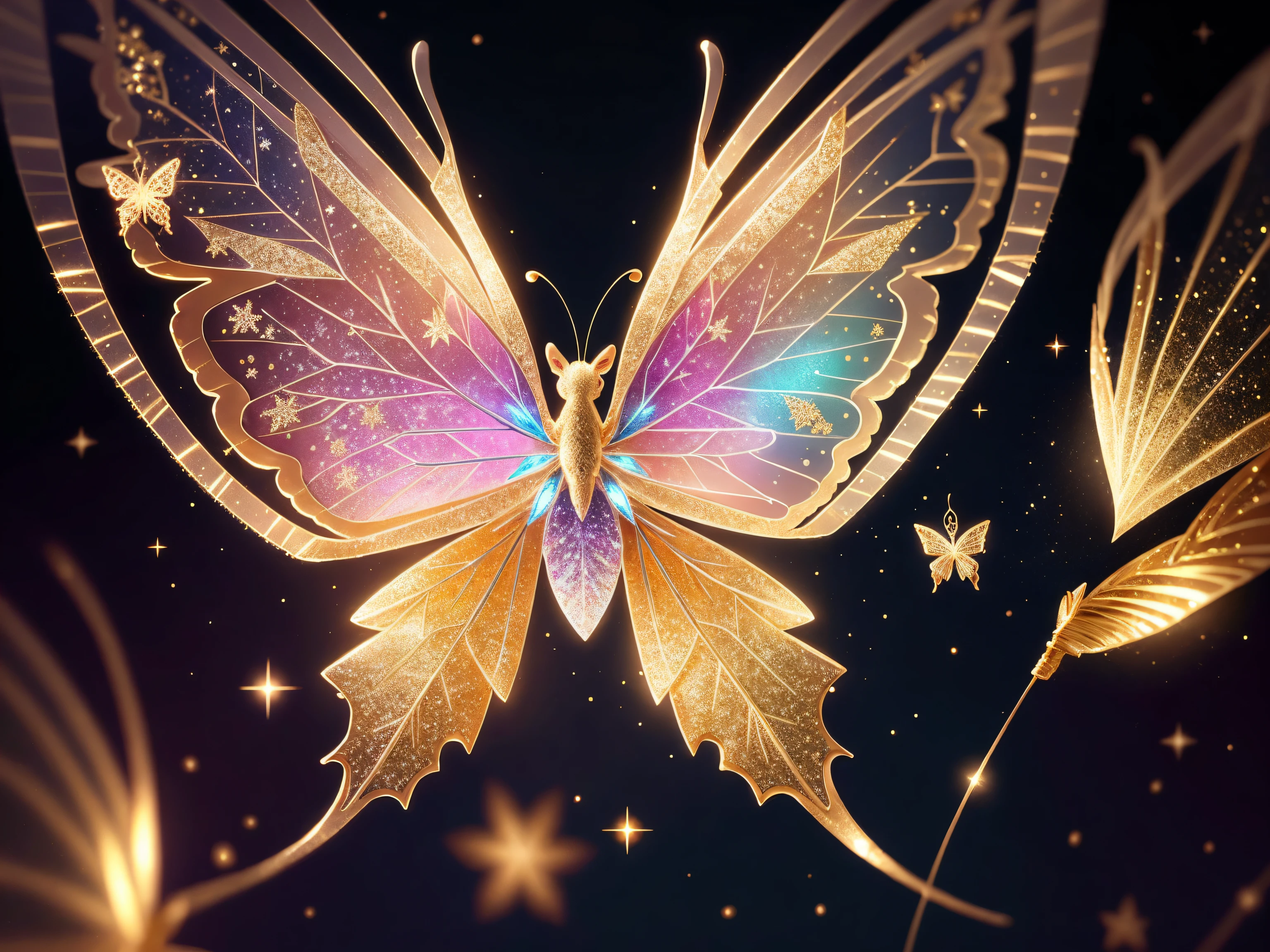 (Best quality:1.2), beautifully detailed chibi butterfly, ethereal, snowflakes, glitter, gold glimmer, Shimmer, bokeh, dynamic angle, bioluminescent lighting, volumetric lighting, 8k resolution, illustration, BarbieCore