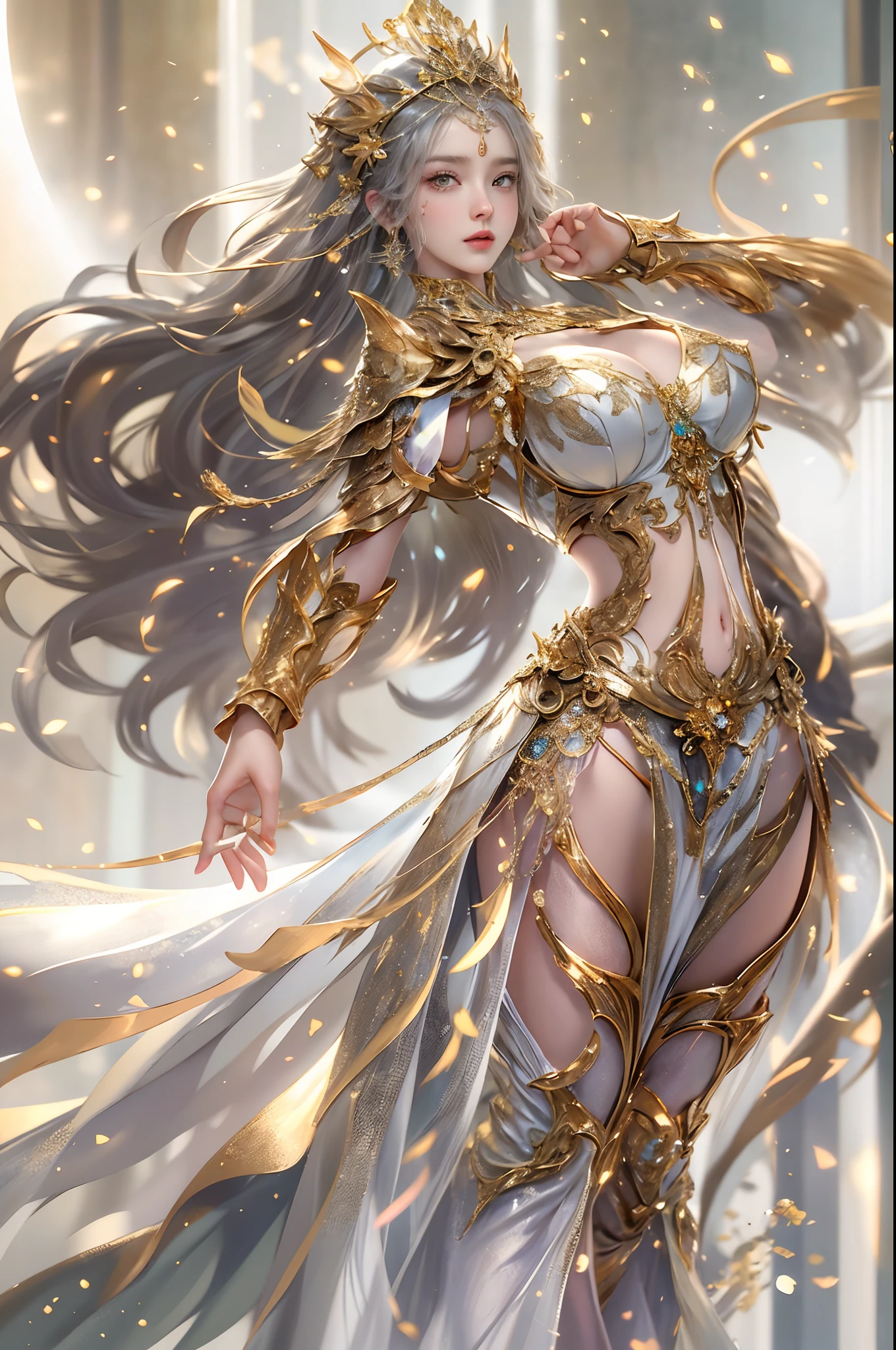 Woman in golden transparent dress,view the viewer,(((Huge breasts, Large cleavage))),Slim waist,(navel-baring,Bare waist), Long hair, Ultra-detailed details,High-end Zhenyi Railway Station, Storm Sites, detailed fantasy art, Stunning character art, Beautiful and exquisite character art, Beautiful gold and silver armor, Extremely detailed, Girl in shiny armor, Exquisite tiaras and jewelry,Crystal Jewelry Filigree, milkyway, stunning visuals, (Dynamic streaks, Light Track:1.2), Vibrant colors,