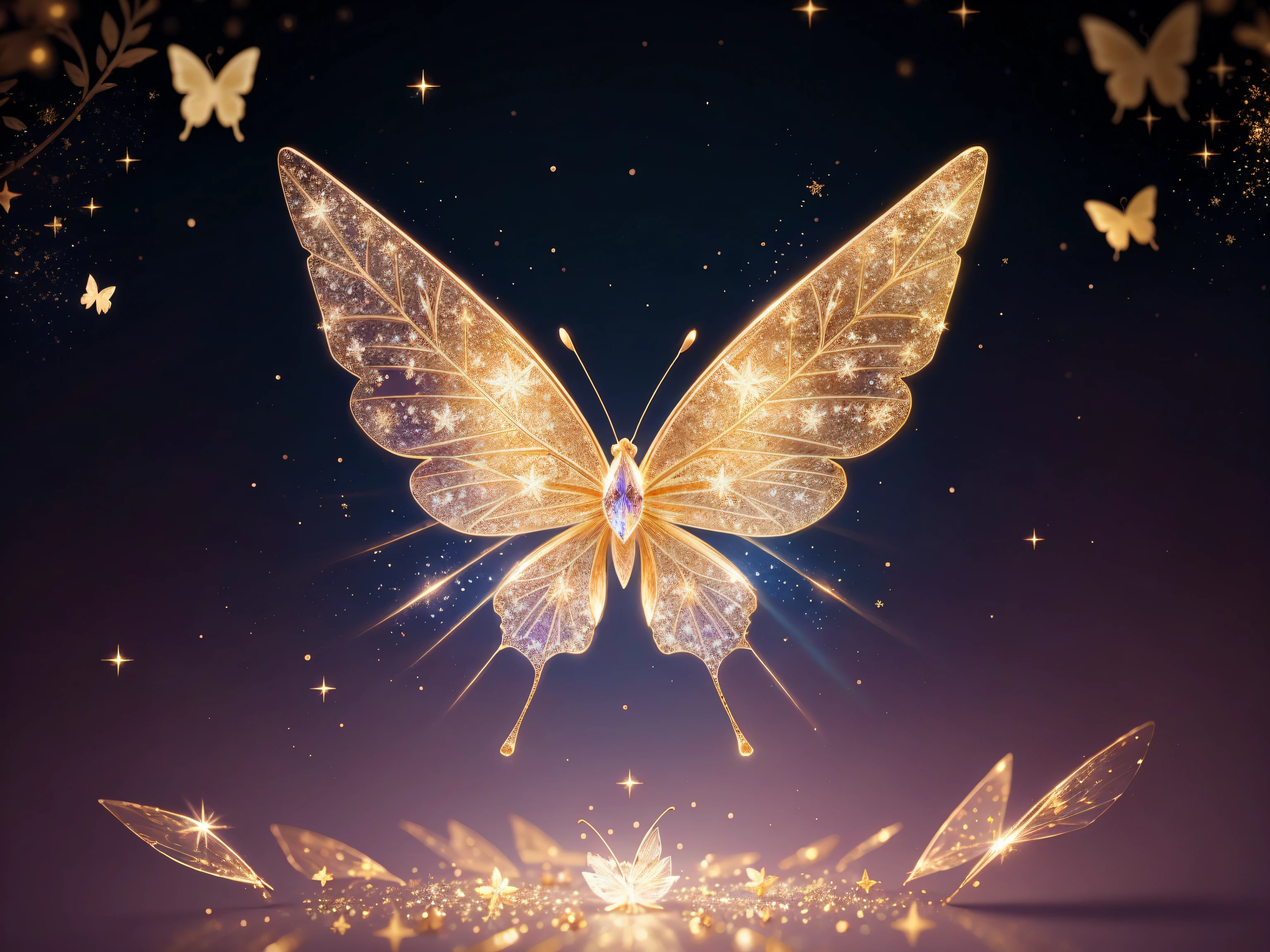 (Best quality:1.2), beautifully detailed chibi butterfly, ethereal, snowflakes, glitter, gold glimmer, Shimmer, bokeh, dynamic angle, bioluminescent lighting, volumetric lighting, 8k resolution, illustration, BarbieCore