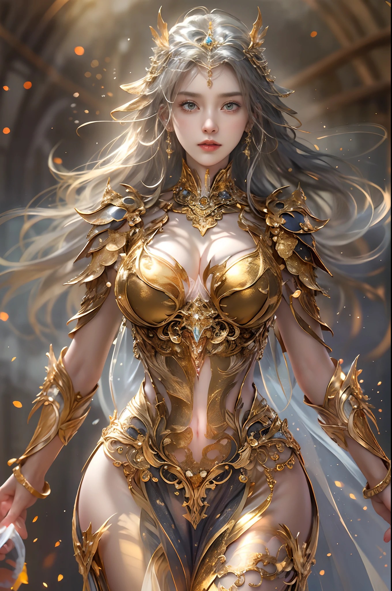 Woman in golden transparent dress,view the viewer,(((Huge breasts, Large cleavage))),Slim waist,(navel-baring,Bare waist), Long hair, Ultra-detailed details,High-end Zhenyi Railway Station, Storm Sites, detailed fantasy art, Stunning character art, Beautiful and exquisite character art, Beautiful gold and silver armor, Extremely detailed, Girl in shiny armor, Exquisite tiaras and jewelry,Crystal Jewelry Filigree, milkyway, stunning visuals, (Dynamic streaks, Light Track:1.2), Vibrant colors,