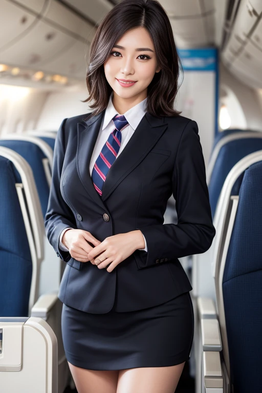 *Uniform:** Navy blue skirt suit, white blouse, neck scarf, matching hat.
2. **Setting:** Luxury airplane cabin with first-class seats.
3. **Poses:**
- Standing in the aisle with a welcoming smile.
- Adjusting her neck scarf while looking in the mirror.
- Offering a tray of drinks to passengers.
- Sitting gracefully in a jump seat.
4. **Expressions:** Professional, warm, and approachable.
5. **Lighting:** Soft and natural to highlight the elegance of the uniform and setting.