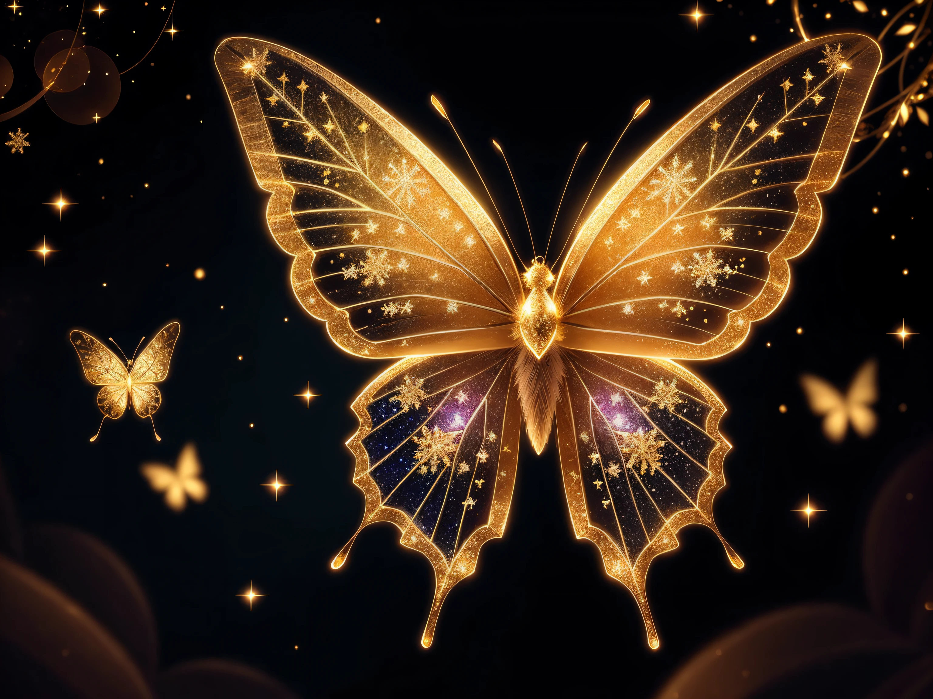 (Best quality:1.2), beautifully detailed chibi butterfly, ethereal, snowflakes, glitter, gold glimmer, Shimmer, bokeh, dynamic angle, bioluminescent lighting, volumetric lighting, 8k resolution, illustration