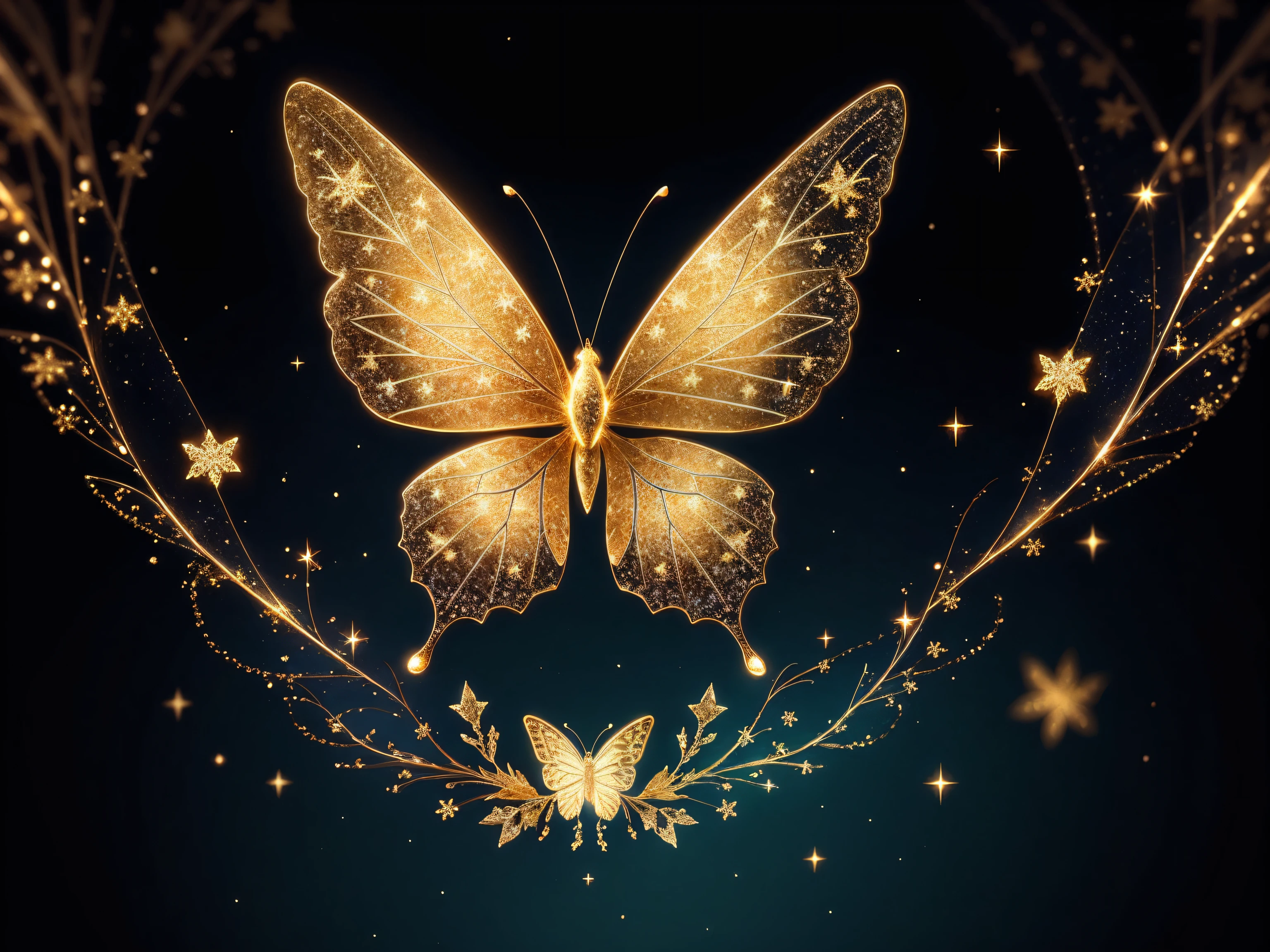 (Best quality:1.2), beautifully detailed chibi butterfly, ethereal, snowflakes, glitter, gold glimmer, Shimmer, bokeh, dynamic angle, bioluminescent lighting, volumetric lighting, 8k resolution, illustration