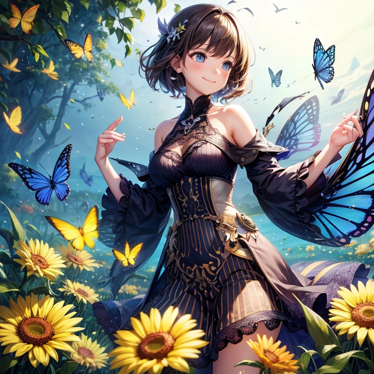 [a swarm of butterflies, transparency : multiple layers, 1girl, smile, profile melting into sky, double exposure : 15]