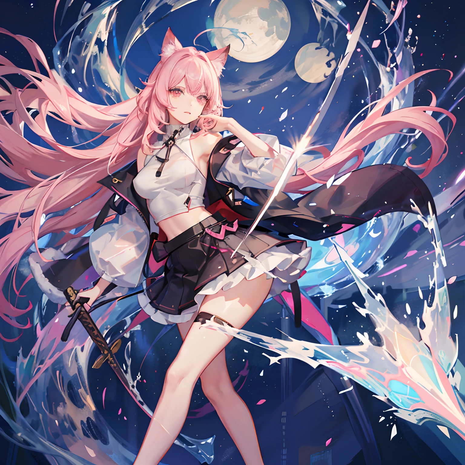 "anime girl, 1 person, pink hair, pink cat ears, pink eyes, t-shirt, white t-shirt, black women's open-shoulder jacket, black miniskirt, big breasts, has twin takana swords on her back, takana swords,  There are ice crystals flying around behind, holding a sword, fighting, dual takana swords, smiling triumphantly, solo, frontal view, standing cross-legged. (full HD 4K+ image)"