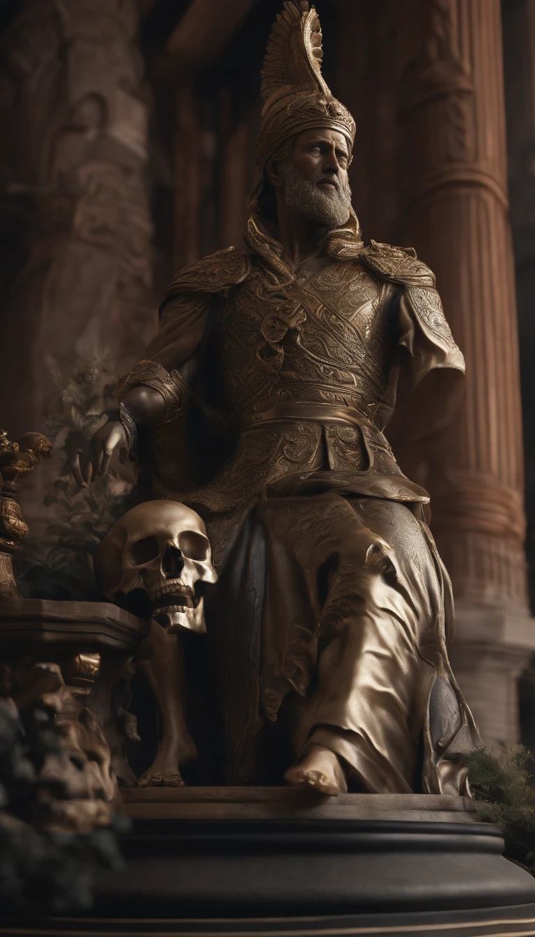 a close up of a statue of a man with a skull on his head, insanely detailed octane render, detailed cinematic render, 4k concept art and hyper realism, 4 k detail fantasy, highly detail. octane render, high detail 4k render, rendered in unreal engine 5, cinematic close-up bust shot, 8 k high detail and intricate