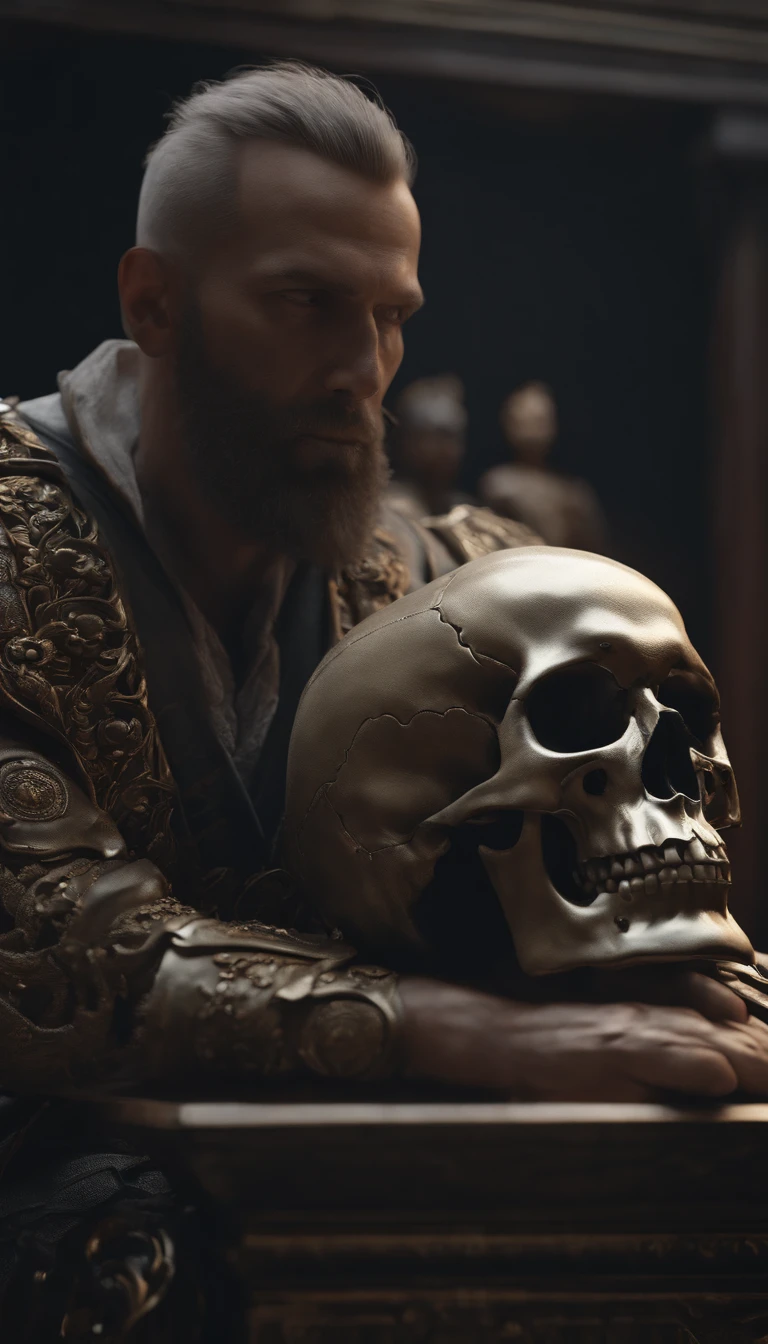 a close up of a statue of a man with a skull on his head, insanely detailed octane render, detailed cinematic render, 4k concept art and hyper realism, 4 k detail fantasy, highly detail. octane render, high detail 4k render, rendered in unreal engine 5, cinematic close-up bust shot, 8 k high detail and intricate