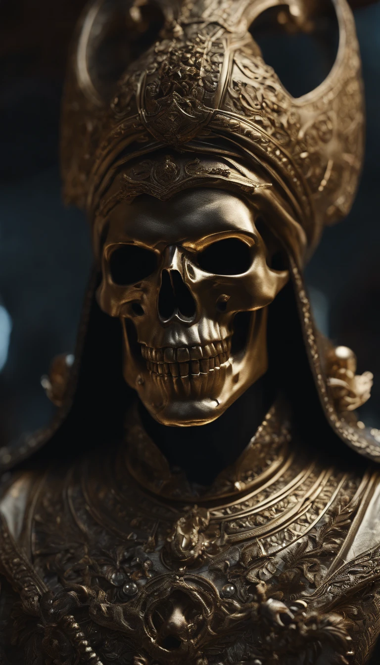 a skull with pharaoh&#39;s adornments, realisitic, atmosfera sombria e tensa, with a serious expression,  full of power and arrogance, little light in the scene
