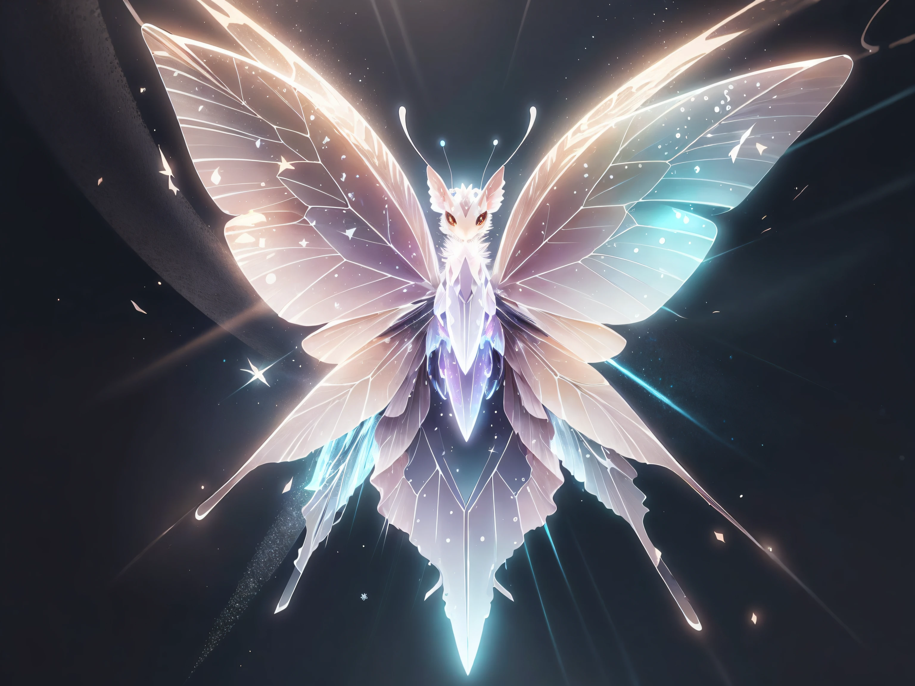 (Best quality:1.2), beautifully detailed chibi butterfly, ethereal, snowflakes, glitter, blue glimmer, Shimmer, bokeh, dynamic angle, bioluminescent lighting, volumetric lighting, 8k resolution, illustration, neotech, sleek