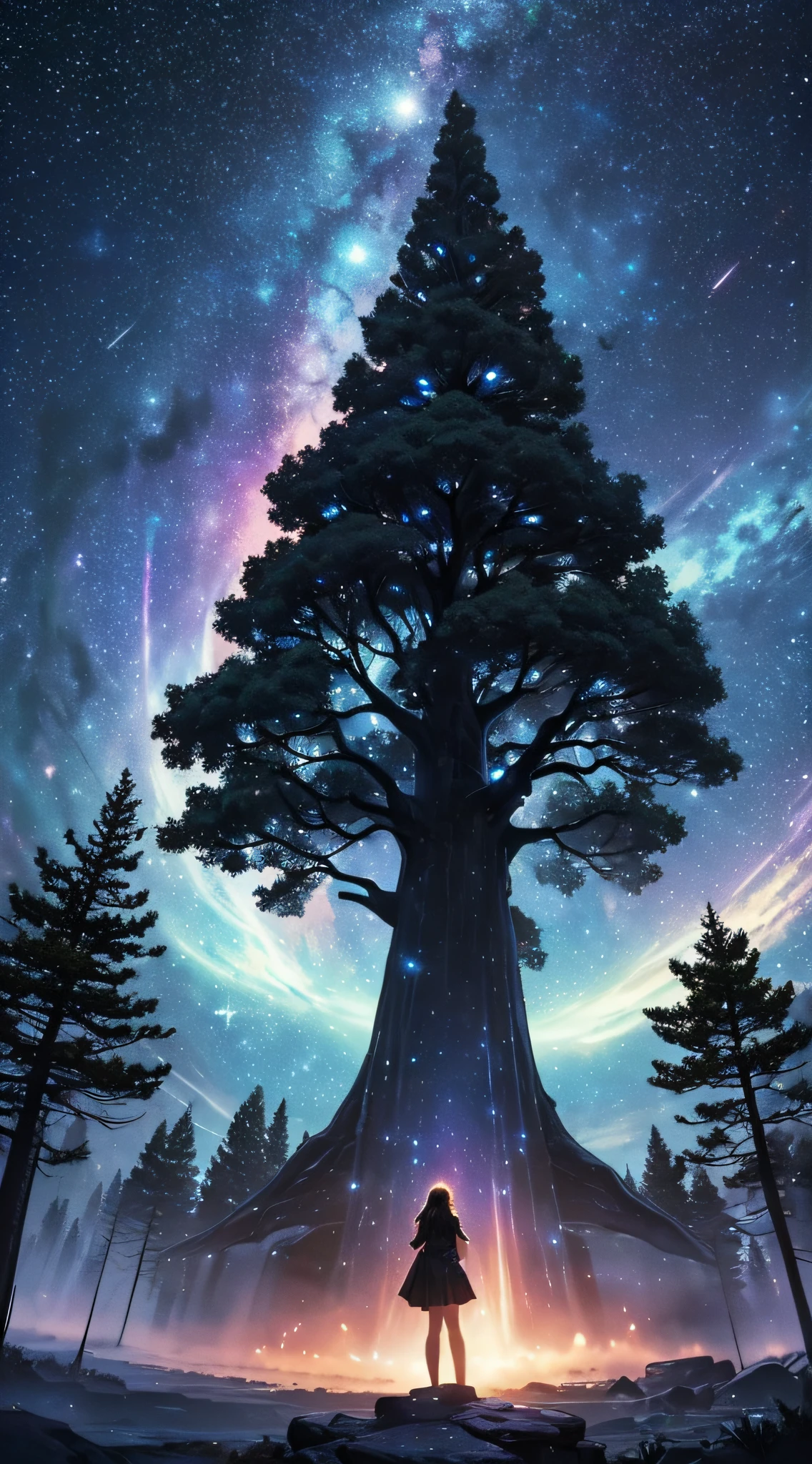 masterpiece、Background with((Fantastic starry sky、meteors、black hole))、Depth((Giant Tree、Fantastic、Luminescent、城市))、a beauty girl、onepiece、Rear view