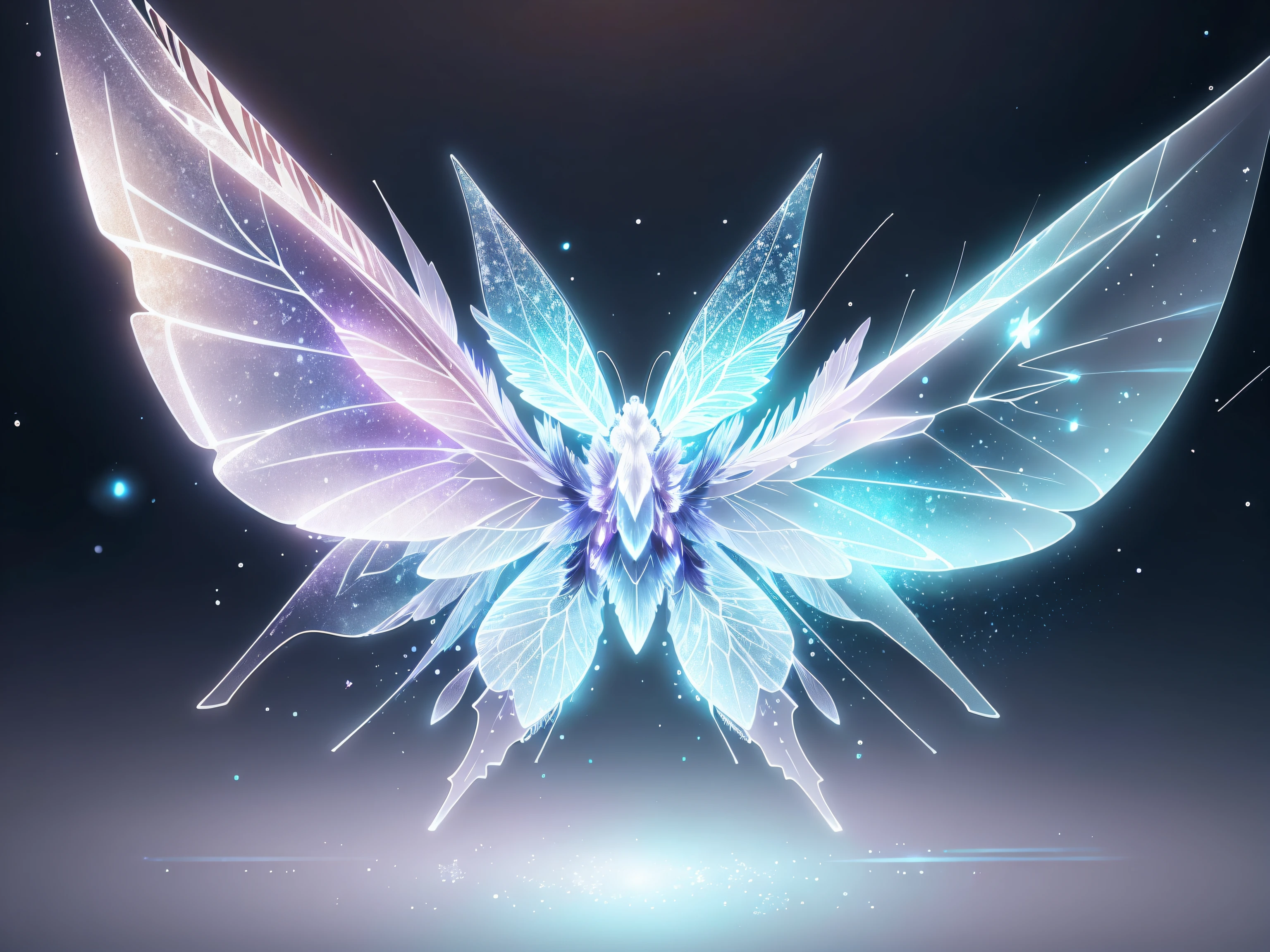 (Best quality:1.2), beautifully detailed chibi butterfly, ethereal, snowflakes, glitter, blue glimmer, Shimmer, bokeh, dynamic angle, bioluminescent lighting, volumetric lighting, 8k resolution, illustration, neotech, sleek