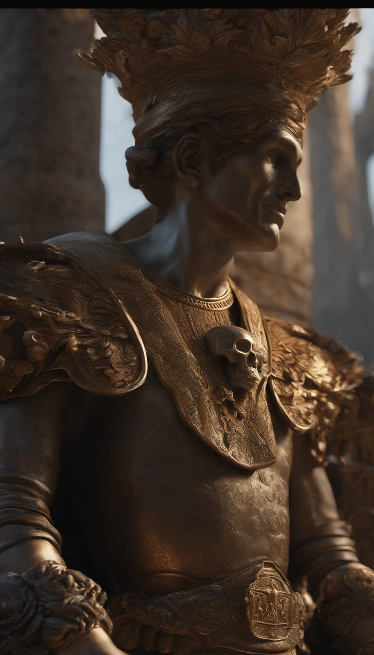 a close up of a statue of a man with a skull on his head, an ultrafine detailed painting by Tadeusz Pruszkówski, featured on zbrush central, hyperrealism, insanely detailed octane render, detailed cinematic render, 4k concept art and hyper realism, 4 k detail fantasy, highly detail. octane render, high detail 4k render