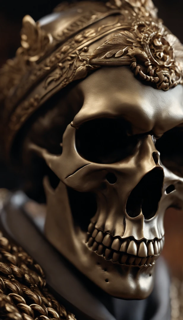 a close up of a statue of a man with a skull on his head, an ultrafine detailed painting by Tadeusz Pruszkówski, featured on zbrush central, hyperrealism, insanely detailed octane render, detailed cinematic render, 4k concept art and hyper realism, 4 k detail fantasy, highly detail. octane render, high detail 4k render