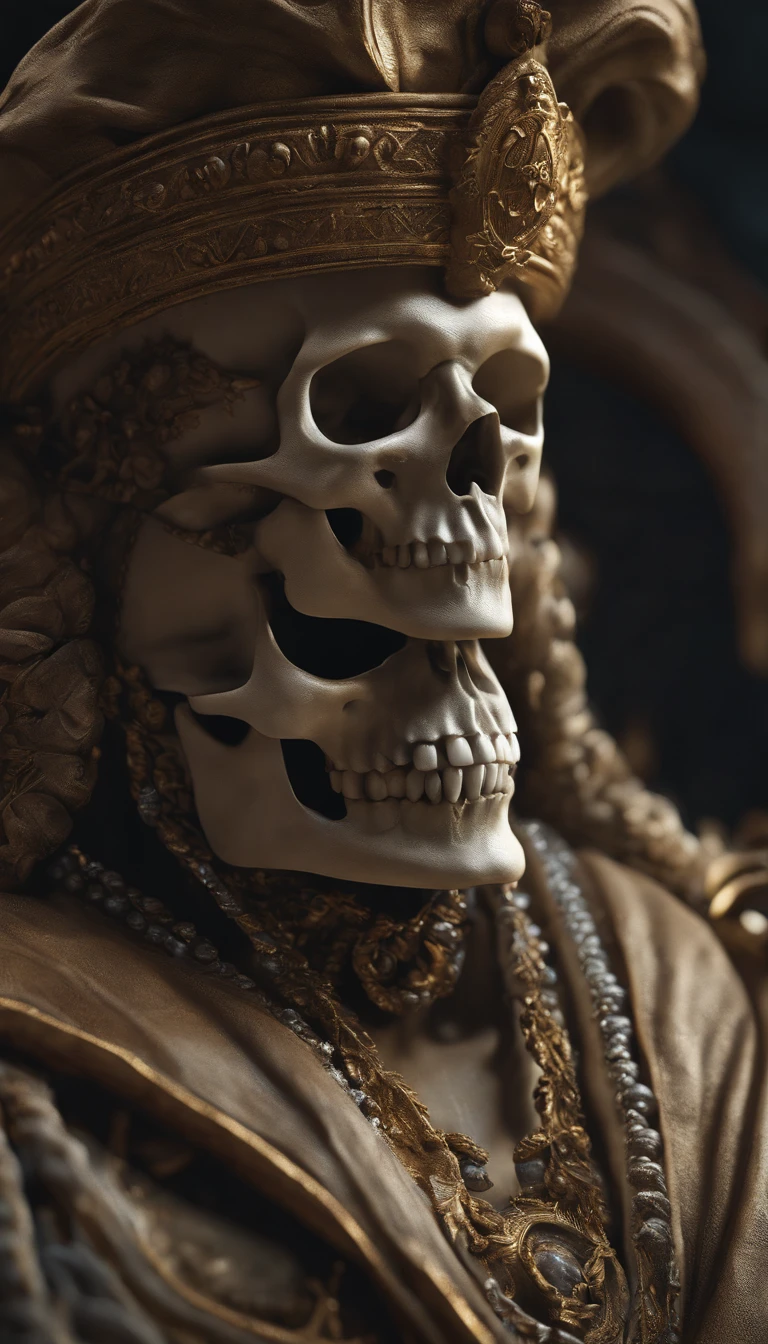 A skull with a skull face with a horn on its head facing backwards, its skull torso wearing a black cape without a hood, the lining of its cape is white on the inside, its torso is made of bone, its hands are made of skulls, its feet are those of an ox, wearing pants black and holding a bone cane in her right hand