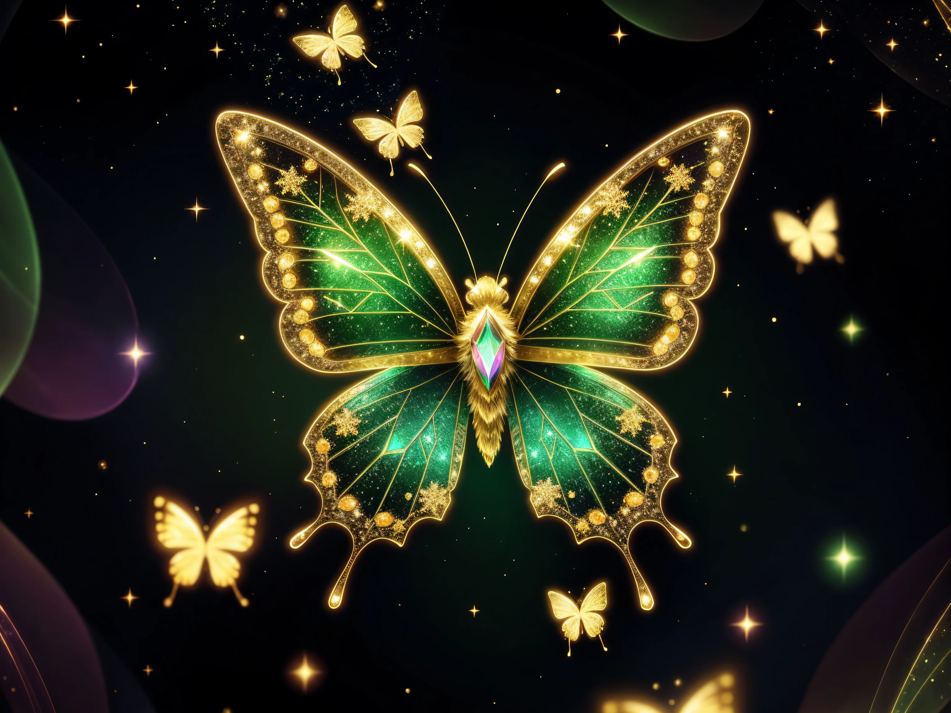 (Best quality:1.2), beautifully detailed chibi butterfly, ethereal, snowflakes, glitter, green and gold glimmer, holographic Shimmer, bokeh, dynamic angle, bioluminescent lighting, volumetric lighting, 8k resolution, illustration