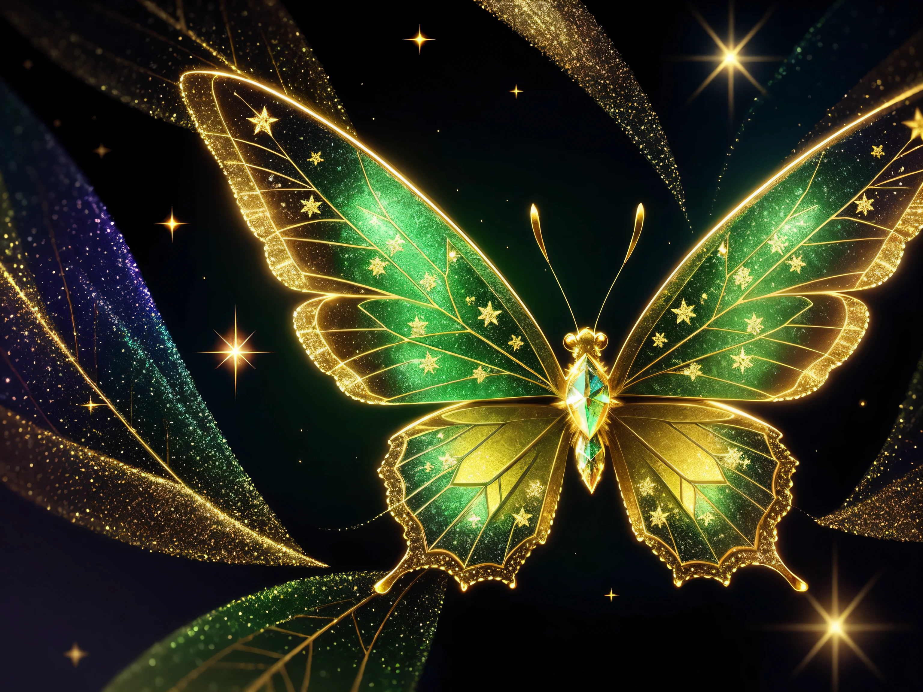 (Best quality:1.2), beautifully detailed chibi butterfly, ethereal, snowflakes, glitter, green and gold glimmer, holographic Shimmer, bokeh, dynamic angle, bioluminescent lighting, volumetric lighting, 8k resolution, illustration