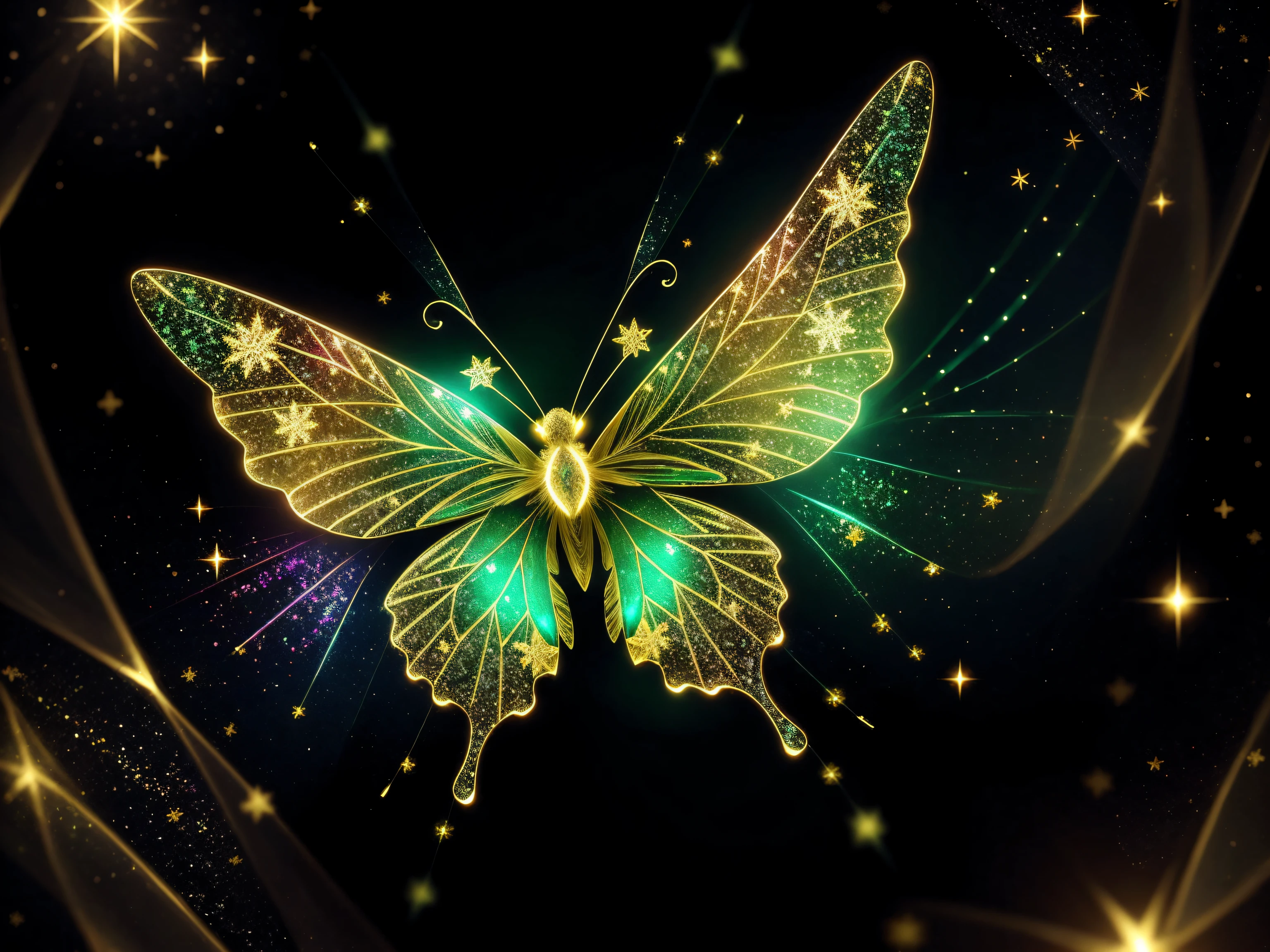 (Best quality:1.2), beautifully detailed chibi butterfly, ethereal, snowflakes, glitter, green and gold glimmer, holographic Shimmer, bokeh, dynamic angle, bioluminescent lighting, volumetric lighting, 8k resolution, illustration