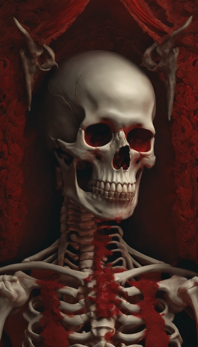 A blood-red skeleton，skeleton，full-body portraits，The demons，flesh and blood，Surreal art