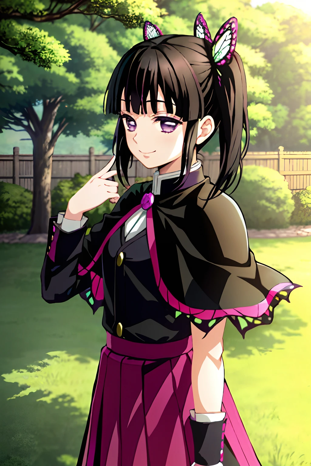 kimetsu no yaiba style, 1girl, butterfly hair ornament, hair ornament, butterfly, bug, demon slayer uniform, solo, purple eyes, side ponytail, butterfly on hand, smile, black hair, white cape, cape, outdoors, bangs, tree, fence, anime coloring, ((masterpiece)), black uniform, black skirt,
