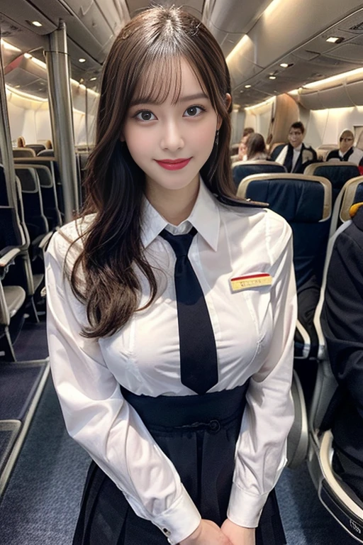 1womanl, 40 years、hyperdetailed face、Detailed lips、A detailed eye、二重まぶた、(Black bob hair、Smiling as you walk slowly down the aisle)、(Stewardess uniform:1.2)、(Glamorous body)、(Colossal tits)、thighs thighs thighs thighs, Perfect fit, Perfect image realism, Background with: (Business Class aisle on airplanes:1.2), Cowboy Shot, Meticulous background, detailed costume, Perfect litthing、Hyper-Realism、(Photorealsitic:1.4)、8K maximum resolution, (​masterpiece), ighly detailed, Professional, Tilt camera, waist shot、Facing the front