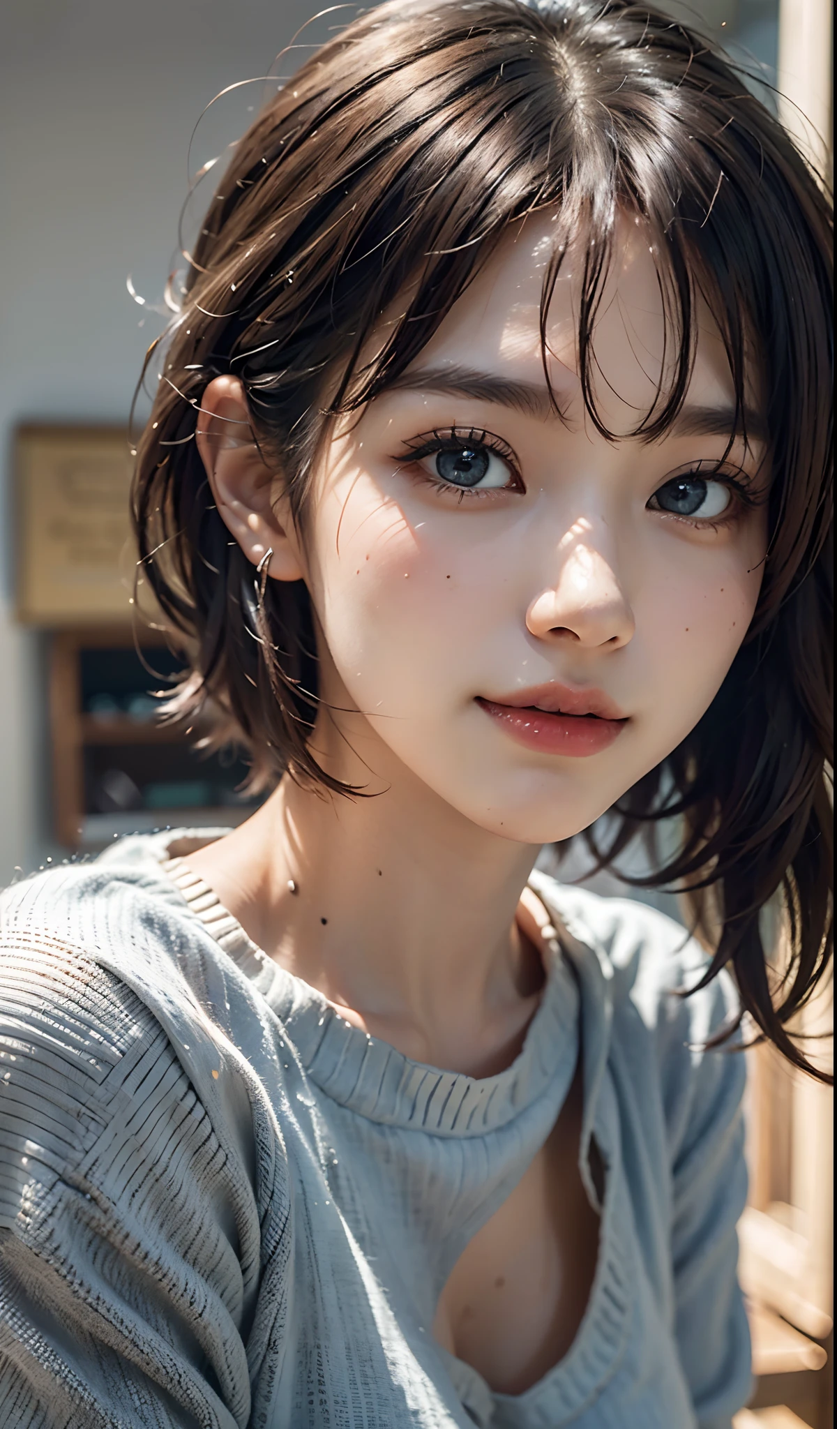 ((Beauty like a model)), masterpiece, The highest image quality, ultra-detailliert, (perfectbody:1.2), ((Perfect face+Dark reddish-brown head of hair)), Close up of, (Bob Hair Wolf Cut),Viewer's Perspective, detailed hairs、Detailed eyes(realisticeyes),profetional lighting,middlebreasts,(Brown eyes),slenderbody,adult lady,About 28 years old,glamor,kindly smile,Half Girl,Lashes,二重まぶた,(Tight light blue shirt),(skin tanned)