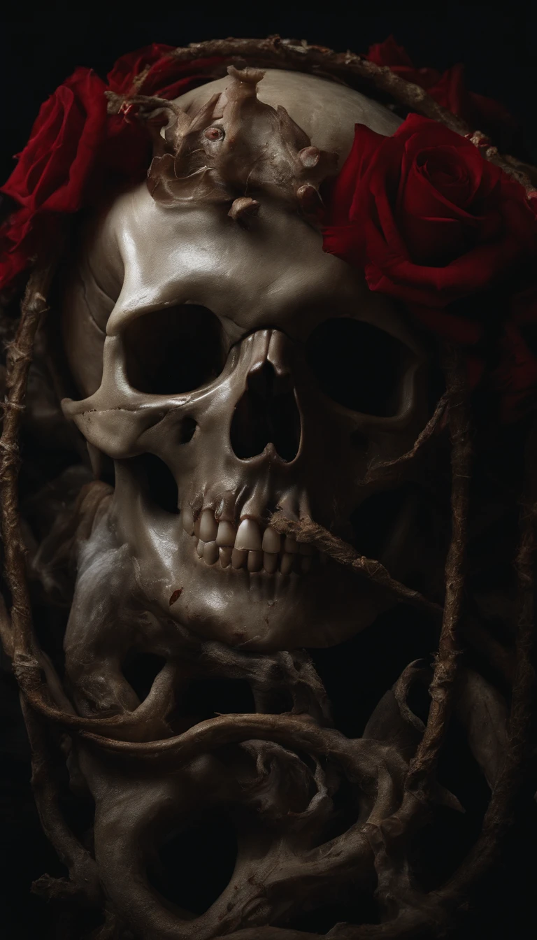 (best quality,4k,8k,highres,masterpiece:1.2),ultra-detailed,(realistic,photorealistic,photo-realistic:1.37),blood red,skull,bones,full-body portrait,demon,organic flesh,hyperrealistic art,macabre,haunting,nightmare,horror,fine art,necromancy,ethereal,otherworldly,gothic aesthetic,creepy,ghastly,pale skin,sharp teeth,creepy eyes,dark atmosphere,distorted,hellish,ominous,sublime,uncanny,deathly pale,ghostly,forbidding,unsettling,vivid colors,high contrast,deep shadows,moody lighting,monochromatic,hauntingly beautiful