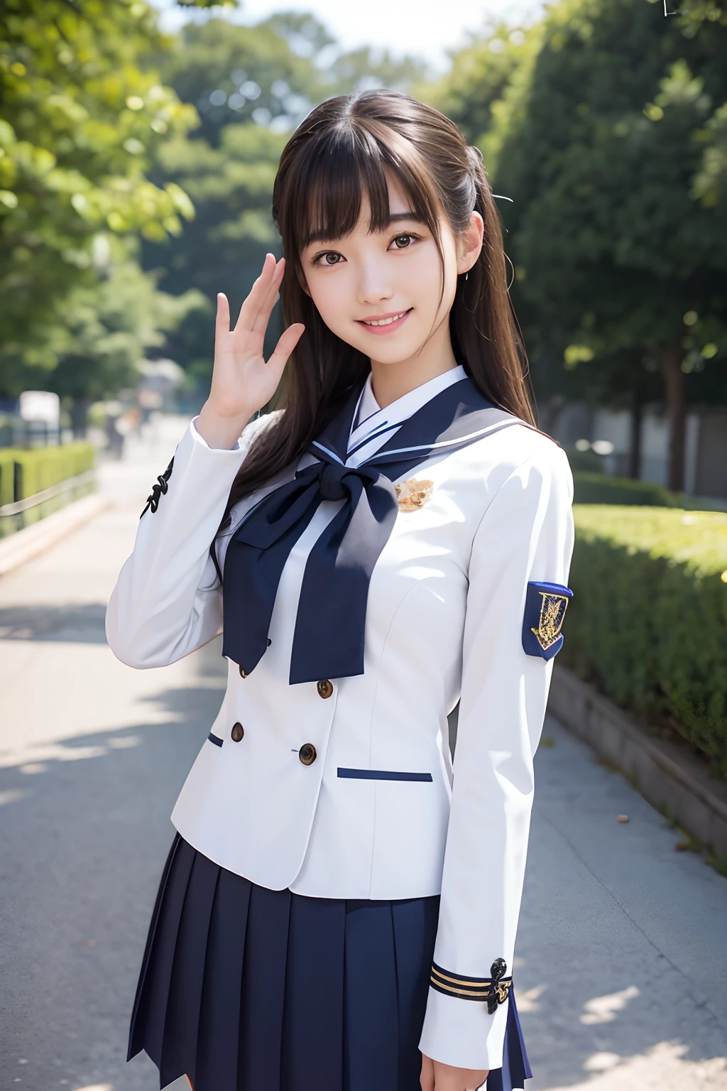 wave her hand、skinny legs、poneyTail、Extraordinary Beauty、Cute face、The best smile、Cute smile、frontage、slender、straight haired、schools、ulzzang-6500-v1.1, (Raw foto:1.2), (Photorealsitic:1.4), a beautiful detailed girl, extremely detailed eye and face, beatiful detailed eyes, huge filesize, hight resolution, ighly detailed, top-quality, masterpiece, ((Japanese girls' high school uniform)), ighly detailed, CG, 8k wallpaper, magnifica, finely detail, top-quality, Highly detailed CG uniforms、 Light on the face、电影灯光、a 18 year old girl、Look at your audience and wave、