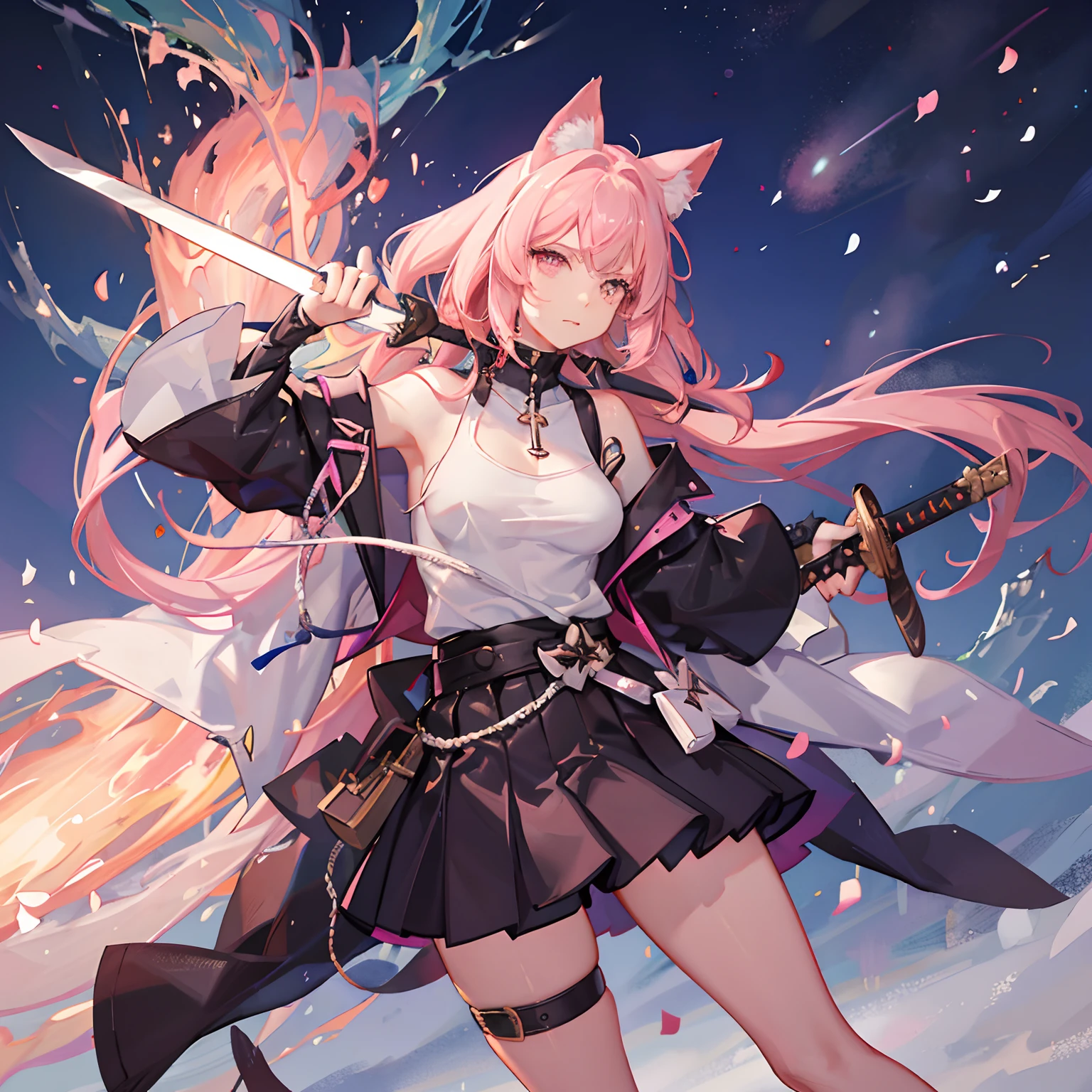 "anime girl, 1 person, pink hair, pink cat ears, pink eyes, t-shirt, white t-shirt, black women's open-shoulder jacket, black miniskirt, big breasts, has twin takana swords on her back, takana swords, There are ice crystals flying around behind, holding a sword, fighting, dual takana swords, smiling triumphantly, solo, frontal view, standing cross-legged. (full HD 4K+ image)"