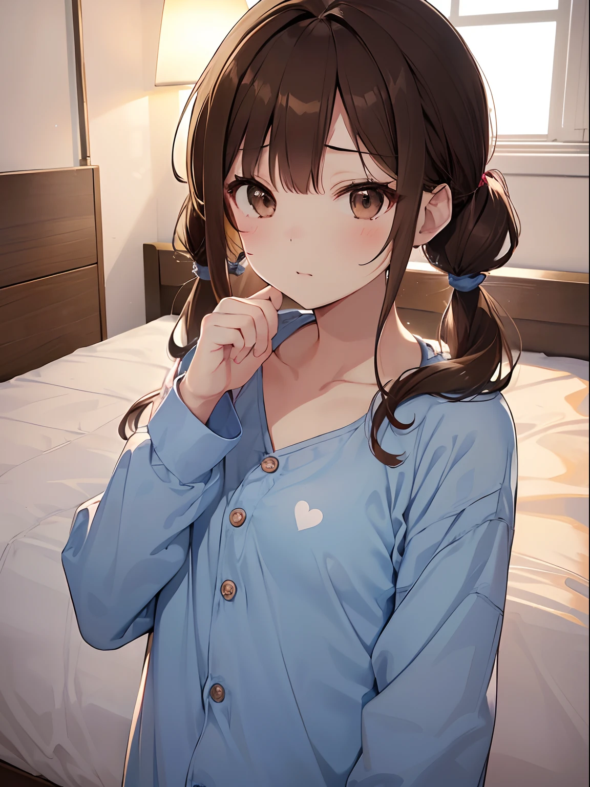 1 girl、whole body、Before sleeping in pajamas on the bed、(random hairstyles:1.2)、super detailed face、Details、double eyelids、(casual hairstyles、big breasts:1.2)、soft chest、brown hair、smile