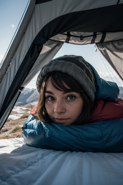 A wild eyed camper up the top of a mountain in a super warm cozy sleeping bag