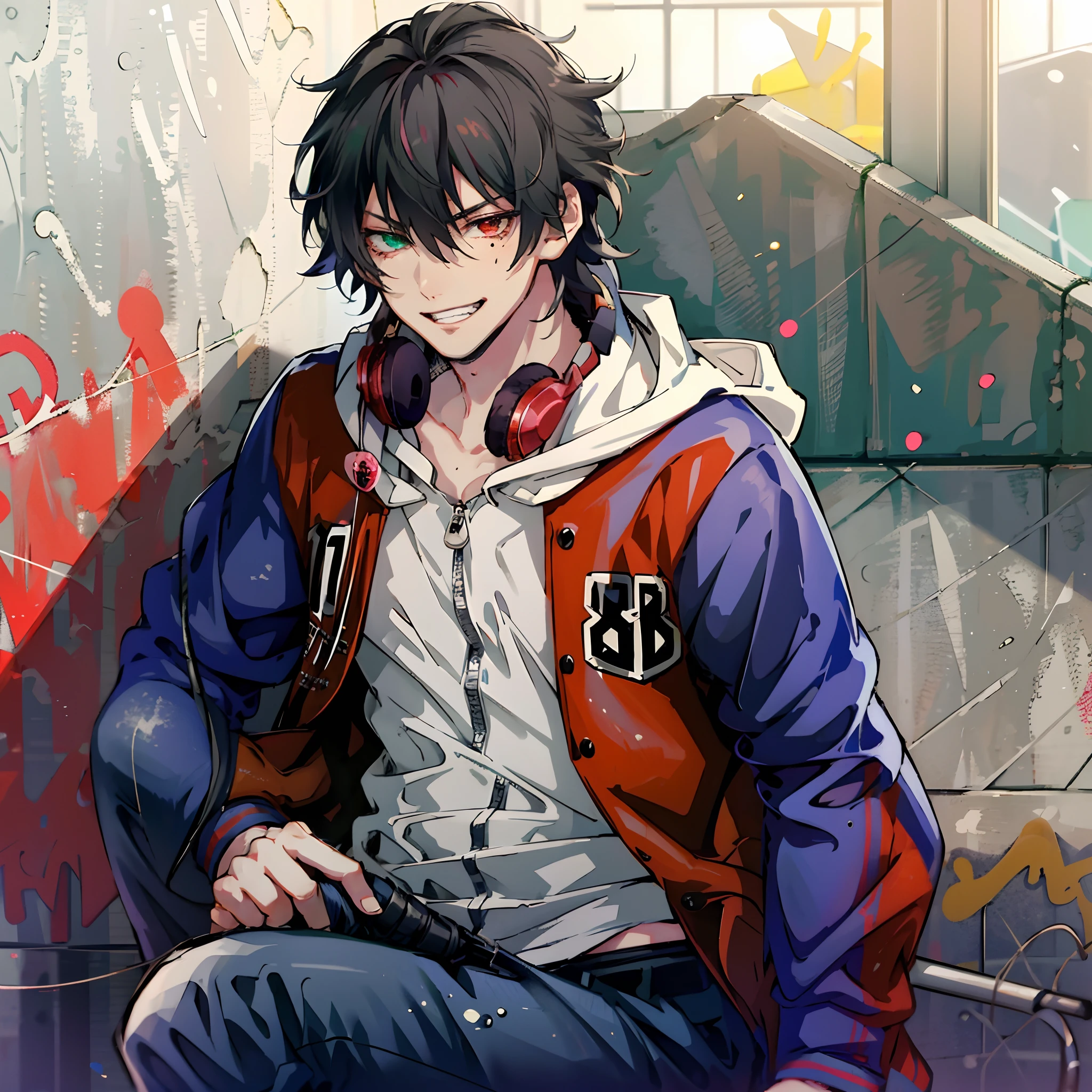yamada ichiro\(hypnosis mic\), 1boy, solo, looking at viewer, buster bros, male focus, 19 years old, red eyes, bangs, black hair, hair between eyes, heterochromia, green eyes, mole under eye, red jacket, multicolored jacket, blue jacket, shirt, long sleeves, open clothes, grin, open jacket, ring, hood down, zipper, white hoodie, hooded jacket, black belt, belt buckle, blue pants, headphones around neck, city, graffiti, leaning back