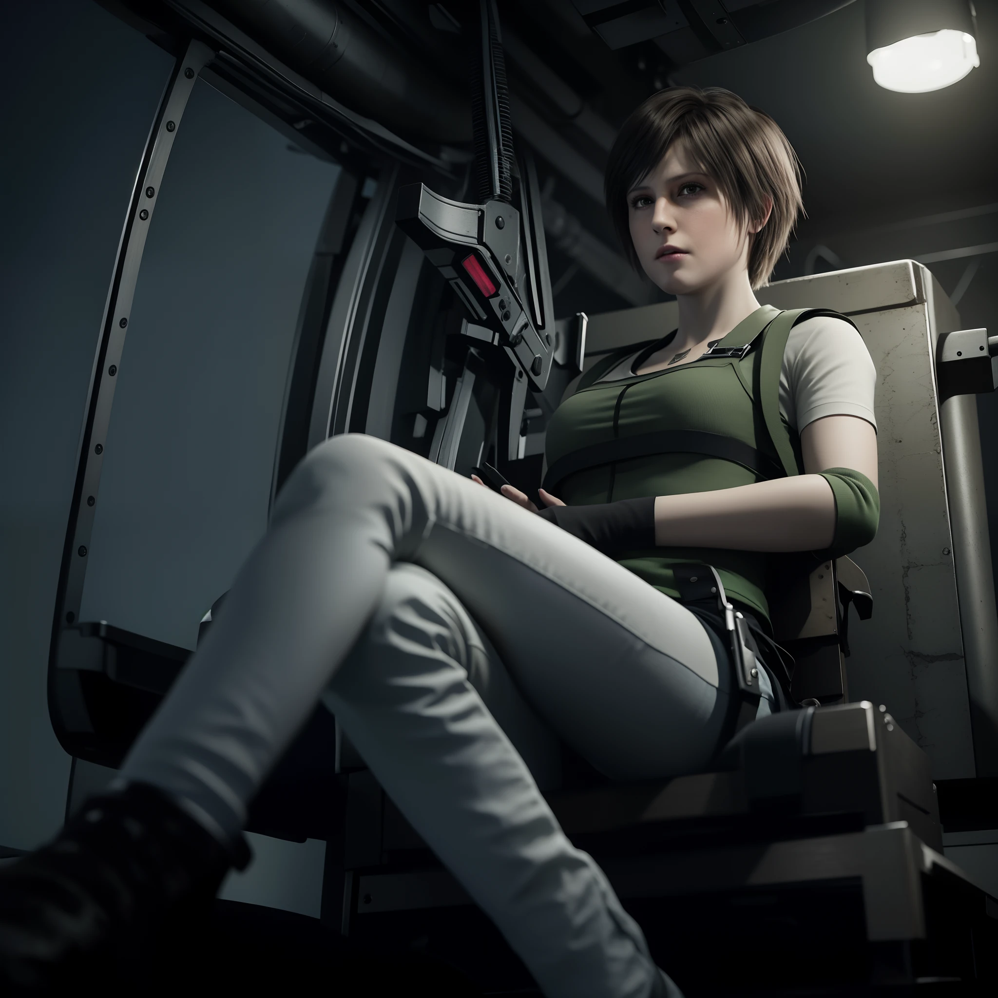 4K, HD, ( Rebecca Chambers 40 years old)), beautiful face, glare, bob hair, perfect Face, black jeans, green vest, black nail polish