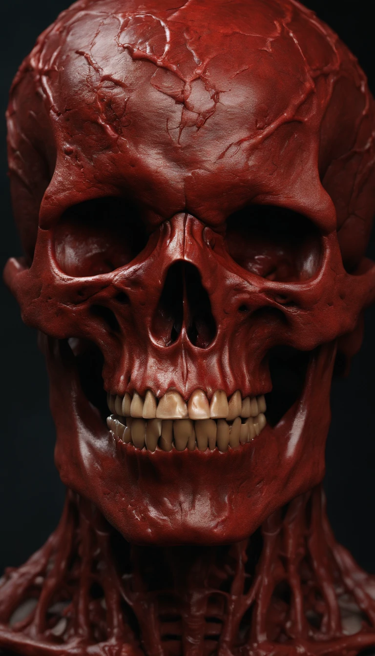 (ultra-detailed, highres, best quality, realistic:1.37), a blood-red skull, skeletal structure, full-body portrait, demonic presence, fleshy textures, surreal art, vibrant colors, dramatic lighting