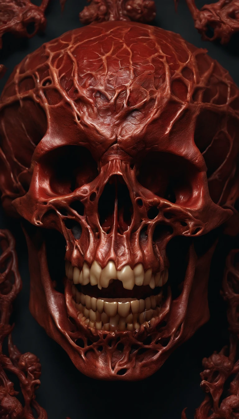 (ultra-detailed, highres, best quality, realistic:1.37), a blood-red skull, skeletal structure, full-body portrait, demonic presence, fleshy textures, surreal art, vibrant colors, dramatic lighting
