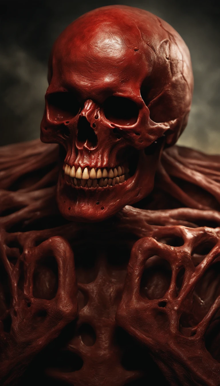 best quality, highres, ultra-detailed, realistic, HDR, portrait, horror, blood-red skull, skeletal structure, full-body portrait, demonic, fleshy, surreal art, fine details, eerie lighting