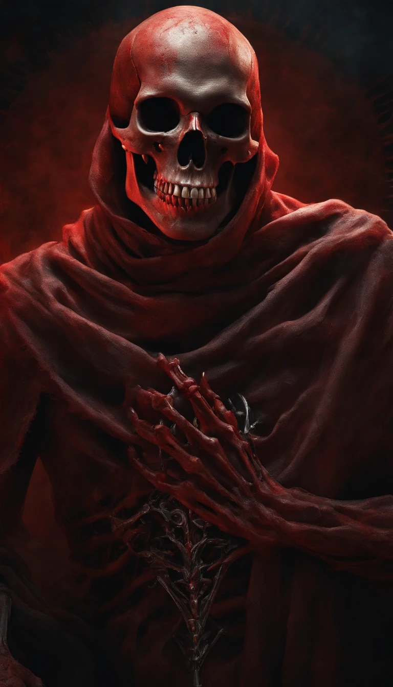 best quality, highres, ultra-detailed, realistic, HDR, portrait, horror, blood-red skull, skeletal structure, full-body portrait, demonic, fleshy, surreal art, fine details, eerie lighting