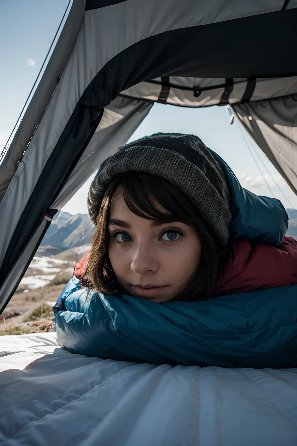 A wild eyed camper up the top of a mountain in a super warm cozy sleeping bag