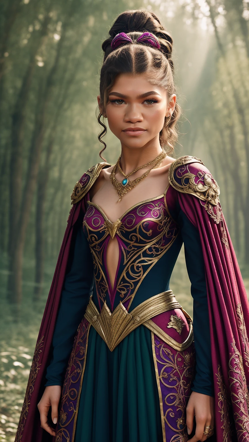 Generate an image featuring Zendaya in a captivating cosplay outfit, blending her distinct style with a fantasy theme. Adorn her in an intricately designed costume inspired by a mythical character, accentuated by Zendaya's elegance. Place her against a background reminiscent of an enchanted forest, adding an ethereal touch to the composition.