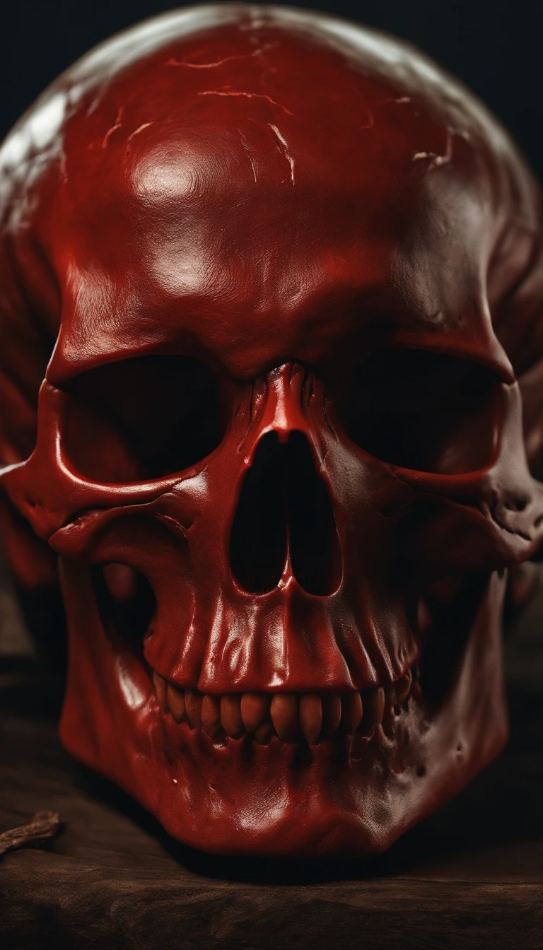 (a blood-red skull,skeleton,full-body portrait,demon,flesh,hyperrealistic art),highres,ultra-detailed,sharp focus,vivid colors,dramatic lighting