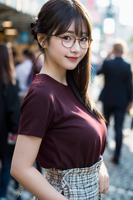 (8K、Raw photography、top-quality、​masterpiece:1.2)、(realisitic、Photorealsitic:1.37)、ultra-detailliert、超A high resolution、女の子1人、see the beholder、beautifull detailed face、A smile、Constriction、(Slim waist) :1.3)、((Red shirt clothes))、Beautiful detailed skin、Skin Texture、Floating hair、((Hair bunched into one))、large breasts with good shape、Professional Lighting、In front of the station at noon、((Black round glasses))、Whole human body、Black hair、((On the phone))、