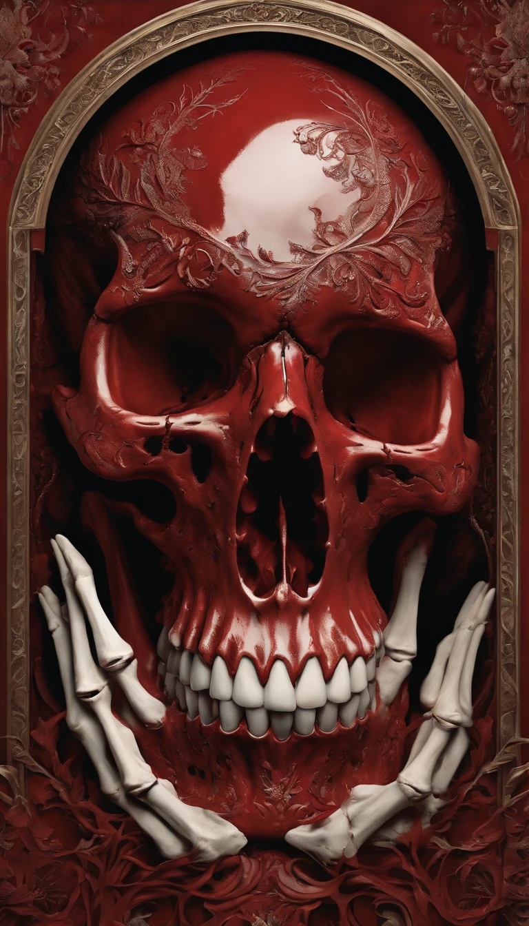 (highres), (detailed) portrait of a blood-red skull, showcasing its skeletal structure, depicting a demonic presence. The artwork showcases intricate details, emphasizing the contrast between the fleshy parts and the bones. The skull is infused with elements of surrealism, blurring the lines between reality and the supernatural. The color palette is dominated by deep, rich shades of red, creating an intense and macabre atmosphere. The lighting accentuates the shadows, adding depth and dimension to the artwork. The final piece is a masterpiece of art, with every stroke and detail meticulously crafted to create a haunting and captivating image.