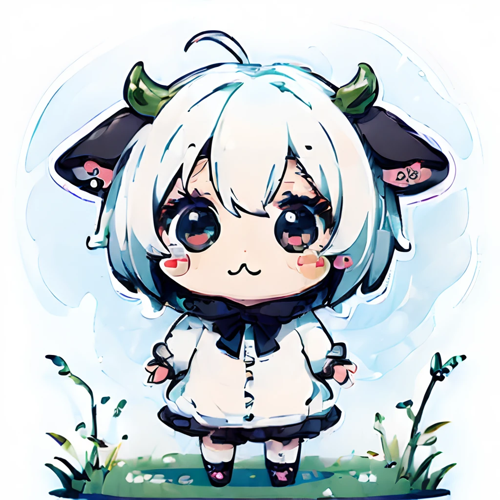 (((a sticker:1.5)))、((Chibi Chara))、(White background): Girl in cow costume with meadow on background ,Big eyes, fluffy ,Black and white hair,gladf,ull body,top-quality